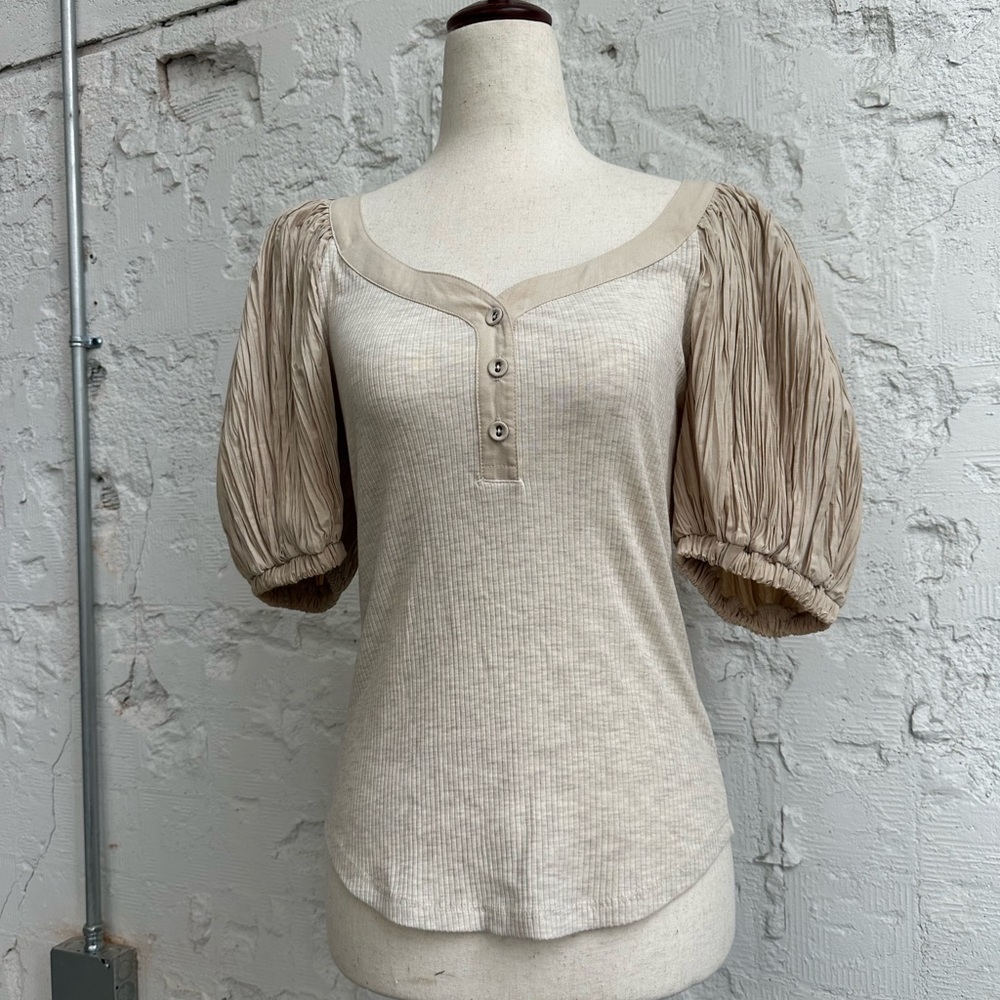 Ulla Johnson Neutral Puff-Sleeve Henley Top